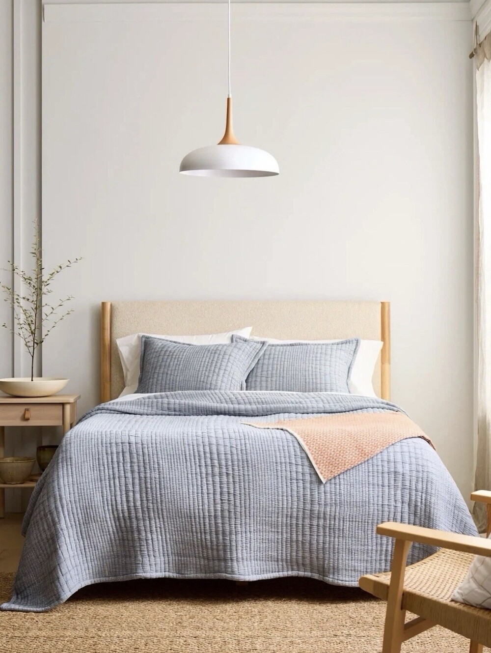 NWOT Quince Organic Cotton Channel Stitch Coverlet Set Full Queen Blue NWOT